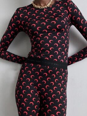 Marine Serre Black Long Sleeve Moon Print Tee with Red Crescent Motif